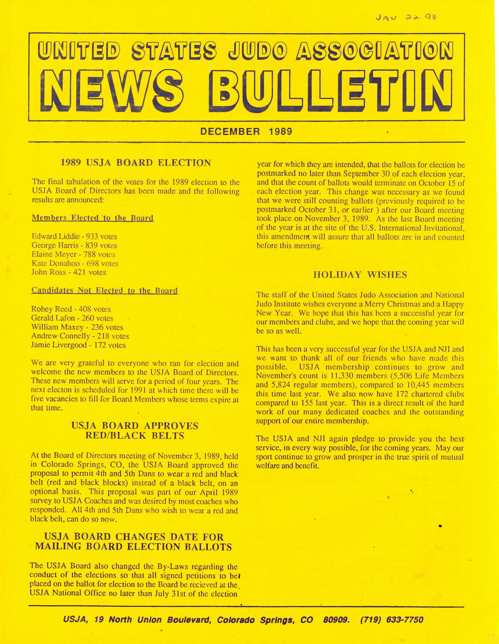 12/89 United States Judo Association News Bulletin